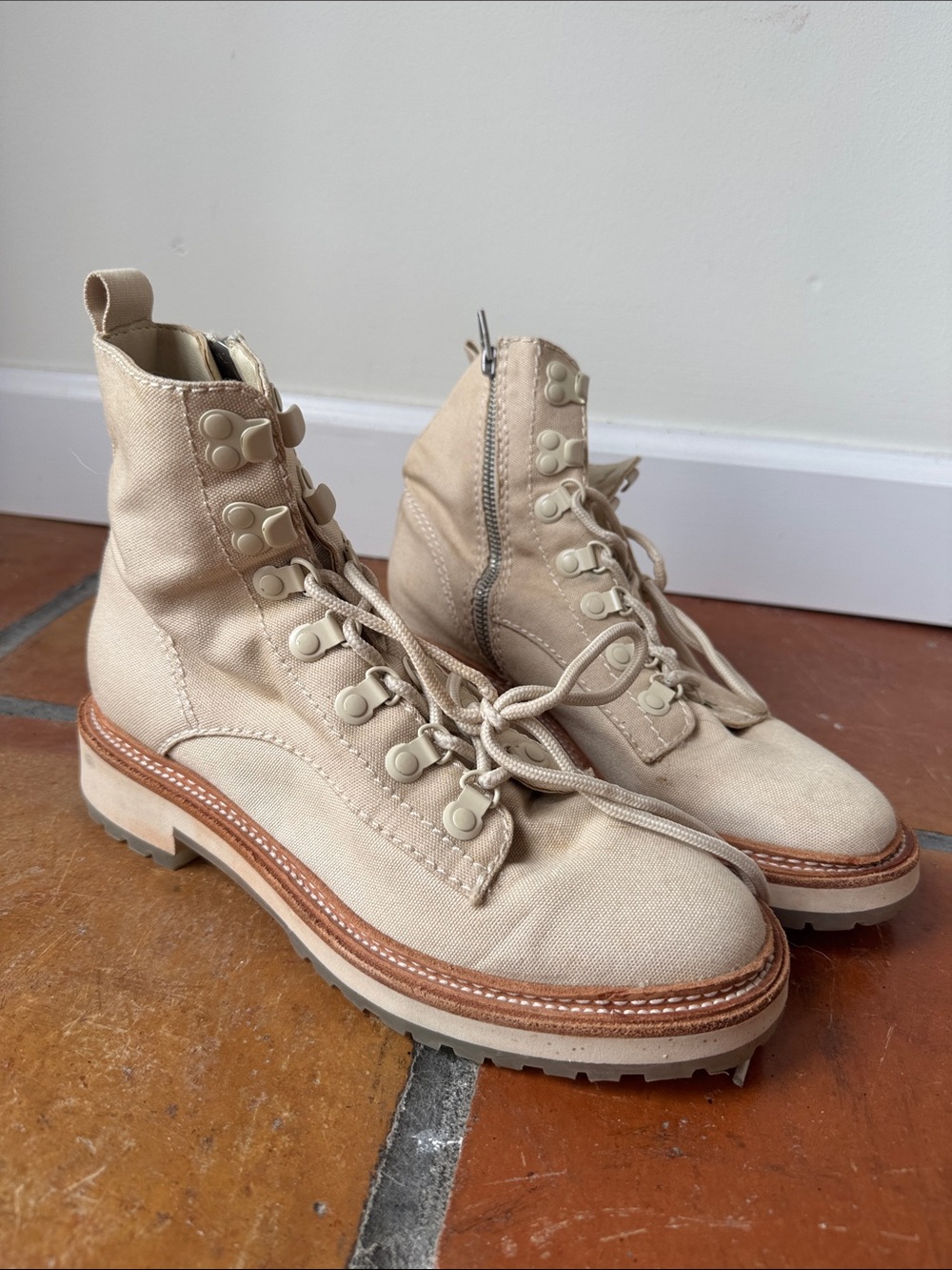 Dolce Vita Beige Canvas Lace-Up Utility Boots